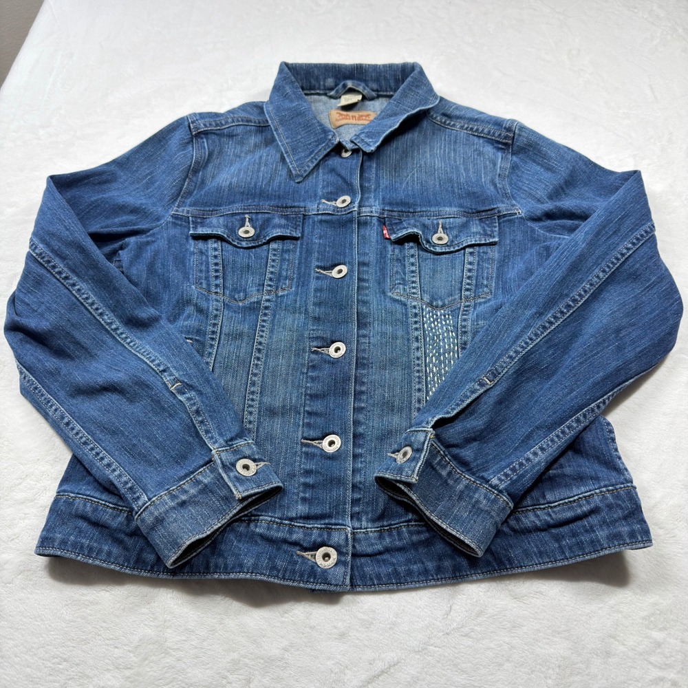 Levis Denim Trucker Jacket Womens Large Blue Excellent Sashiko Embroidered Panel